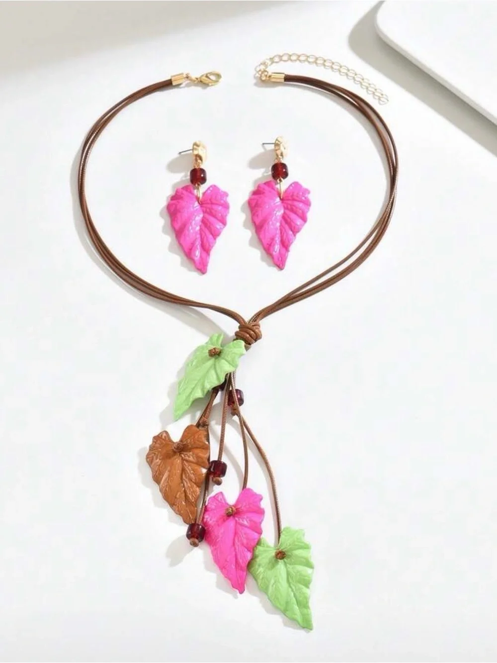 Handcrafted Leaf Pendant Necklace and Earrings Set - Pink, Green, Brown